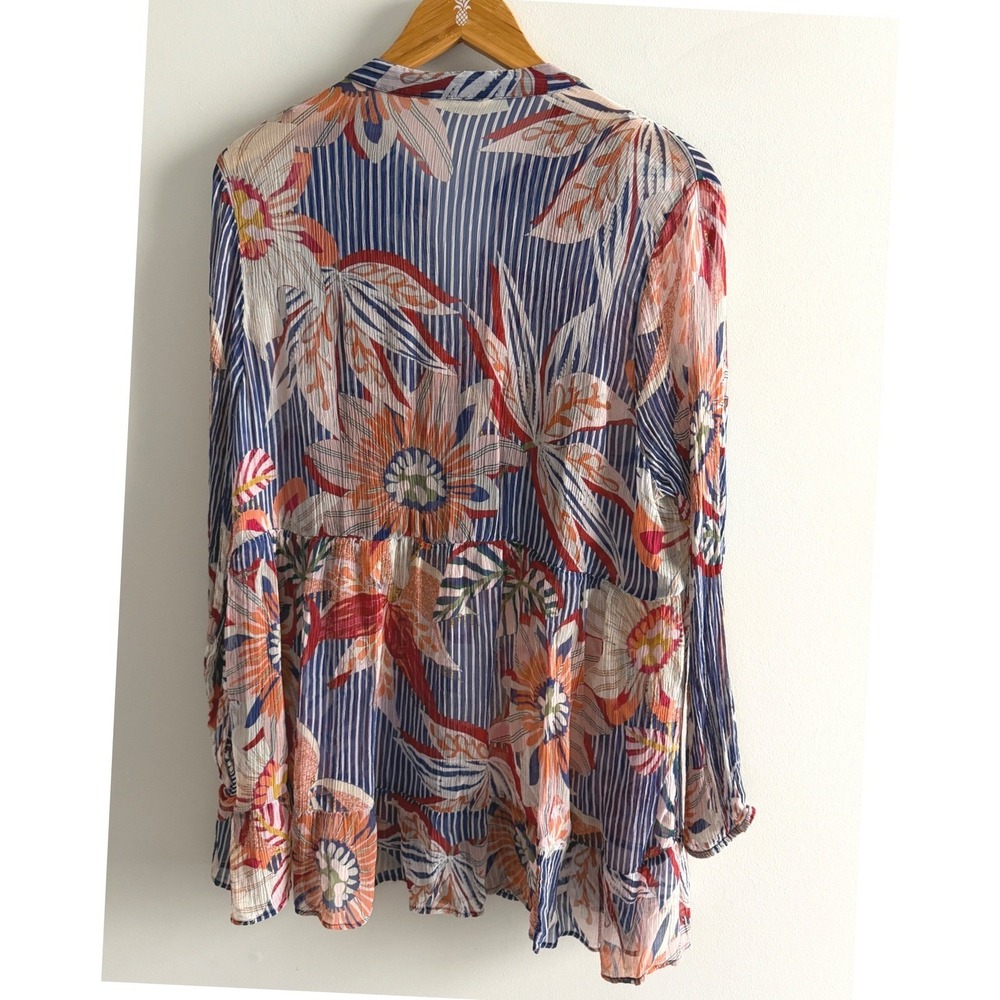 Soft Surroundings Tory Top Blue Floral Sheer Boho Embroidered Pom Pom Tunic 3X - Picture 3 of 11